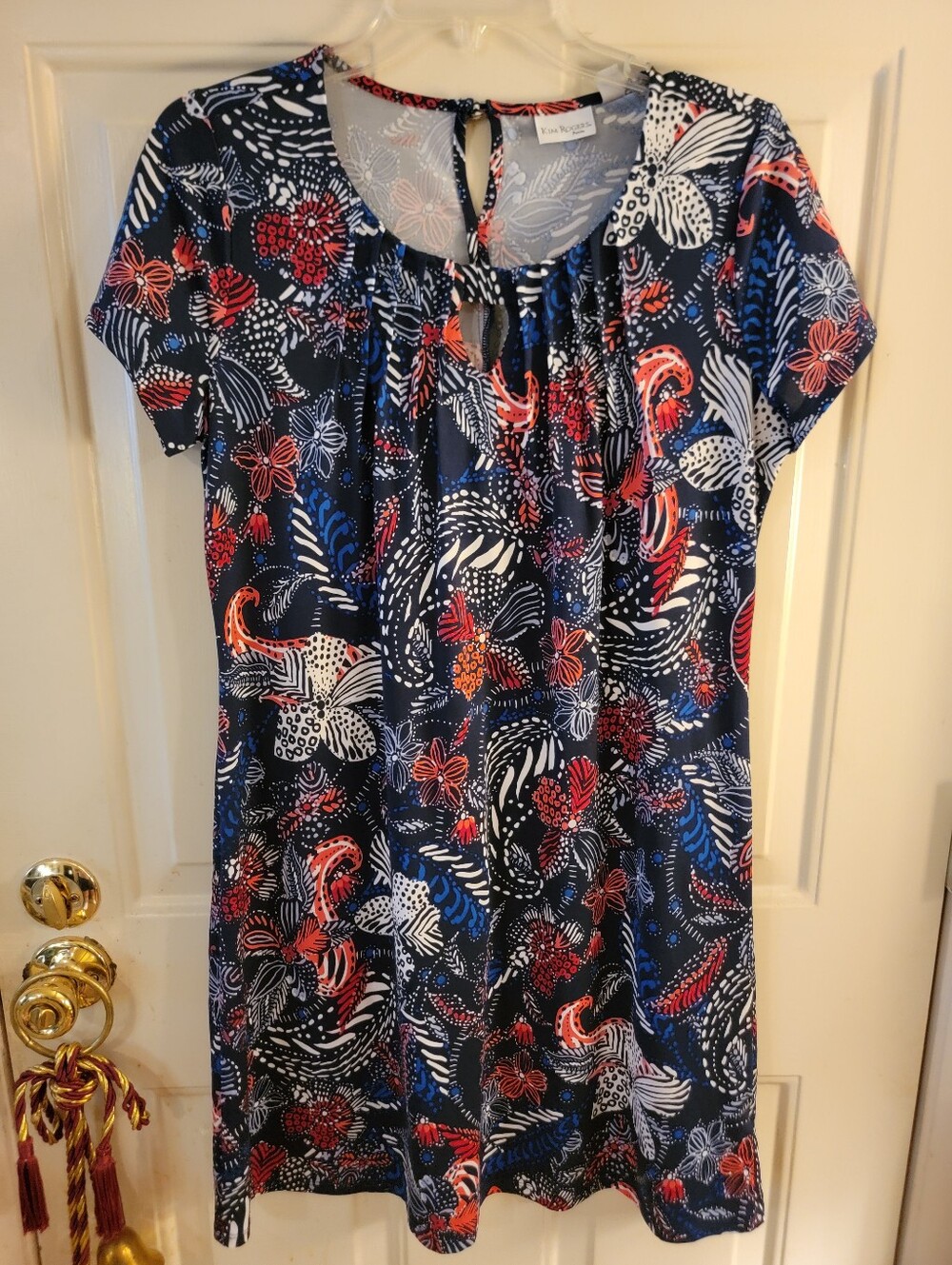 Kim Rogers Petite Navy Red White Floral-Keyhole Short Sleeve Tunic